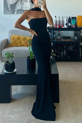 Sexy Solid Color Patchwork Halter Long Dresses